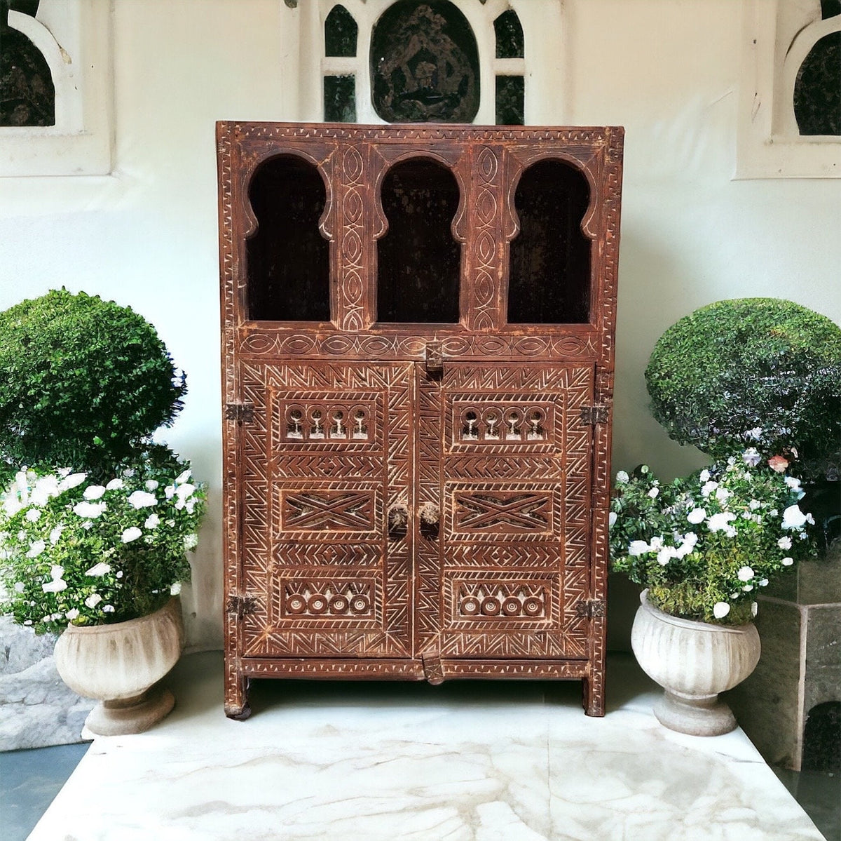 Handmade Moroccan Armoire: Carved Wooden Cabinet, Tribal Ethnic Design, Solid Wood Furniture