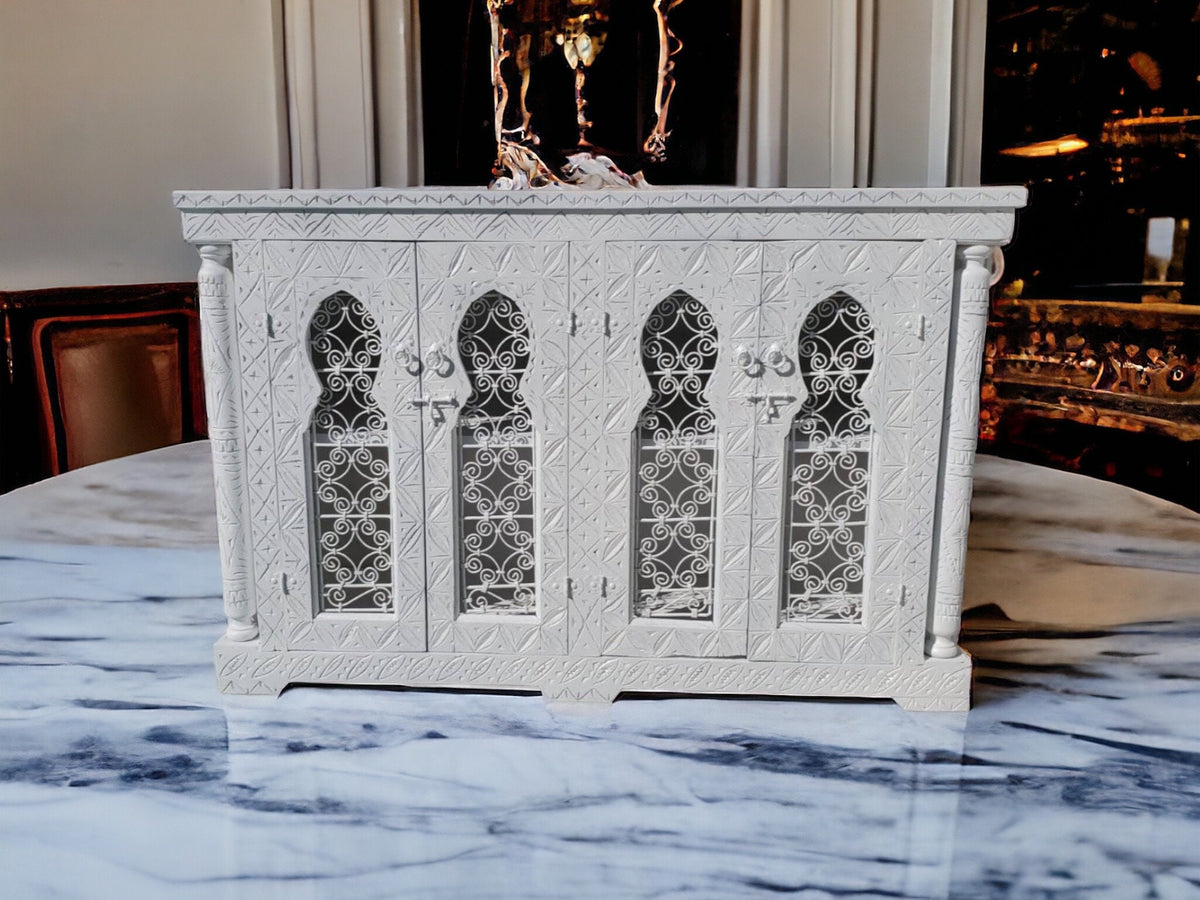 Handmade White Moorish Cabinet: Carved Wood & Wrought Iron