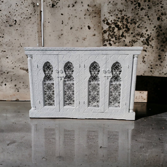 Handmade White Moorish Cabinet: Carved Wood & Wrought Iron