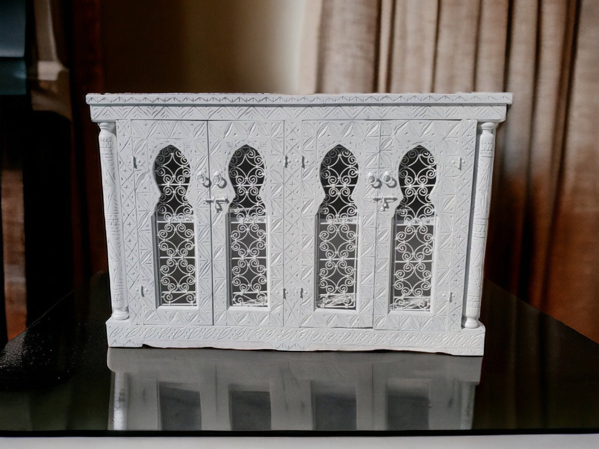 Handmade White Moorish Cabinet: Carved Wood & Wrought Iron