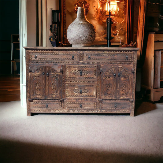 Handmade Moroccan Carved Wood Credenza: Rustic Moorish Dresser