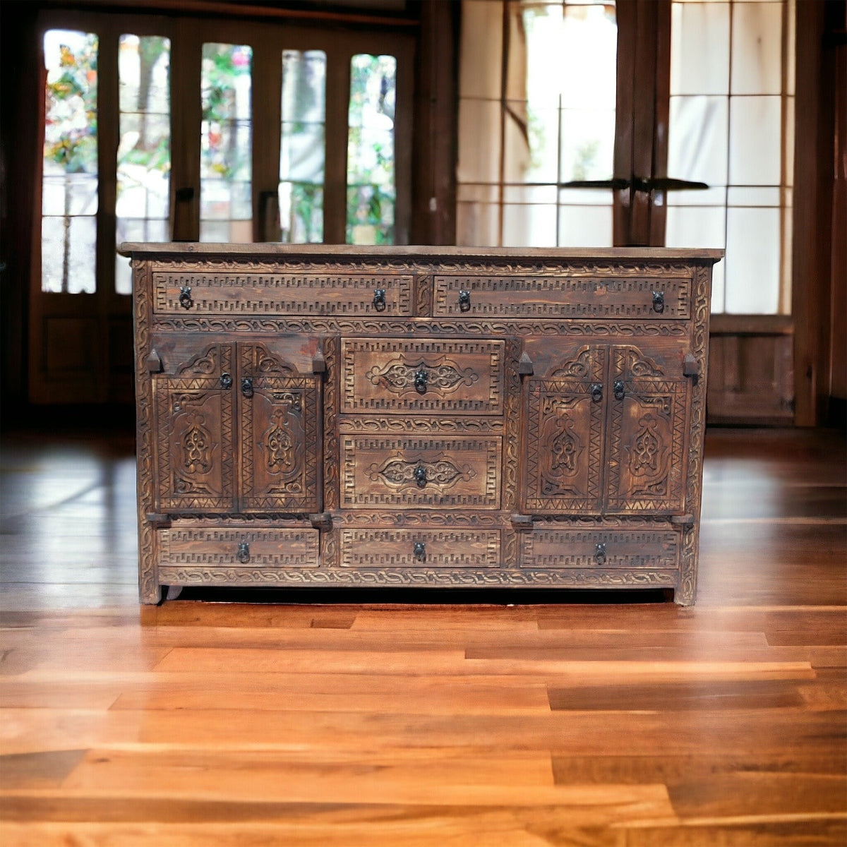 Handmade Moroccan Carved Wood Credenza: Rustic Moorish Dresser