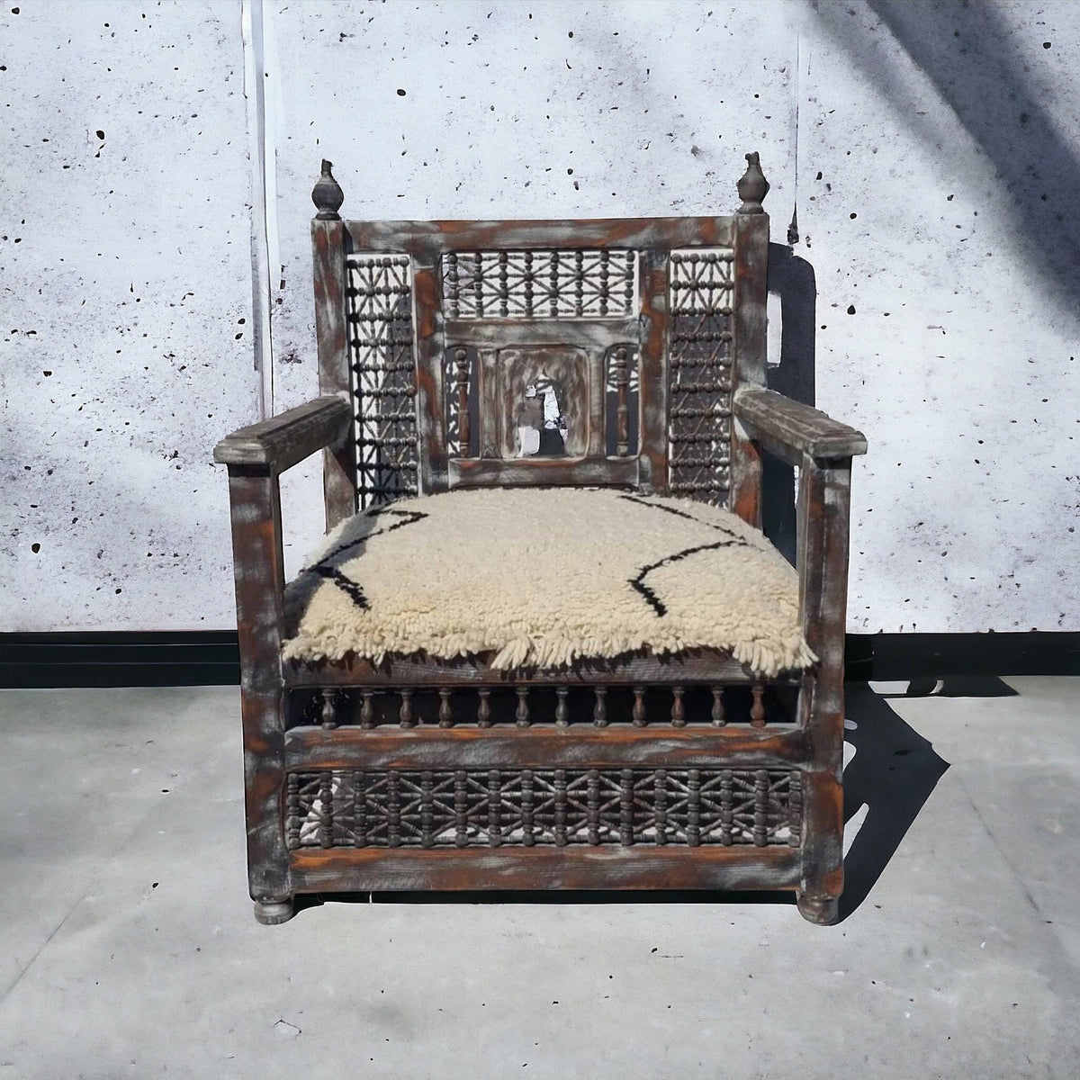 Handmade Moroccan Beni Ourain Wool Chair, Mousharabia Wood Artwork