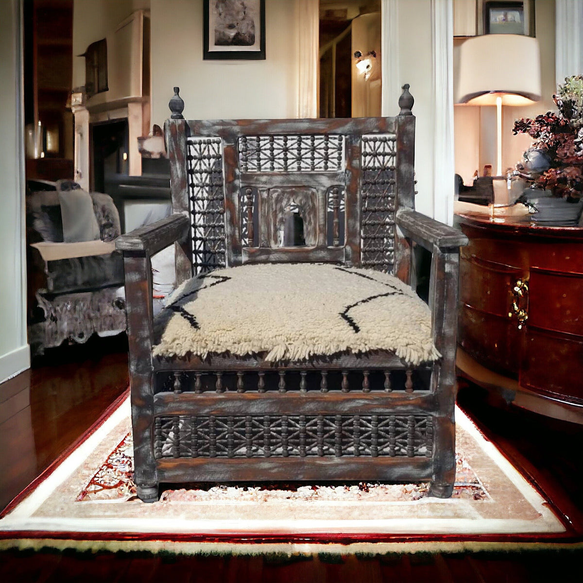Handmade Moroccan Beni Ourain Wool Chair, Mousharabia Wood Artwork