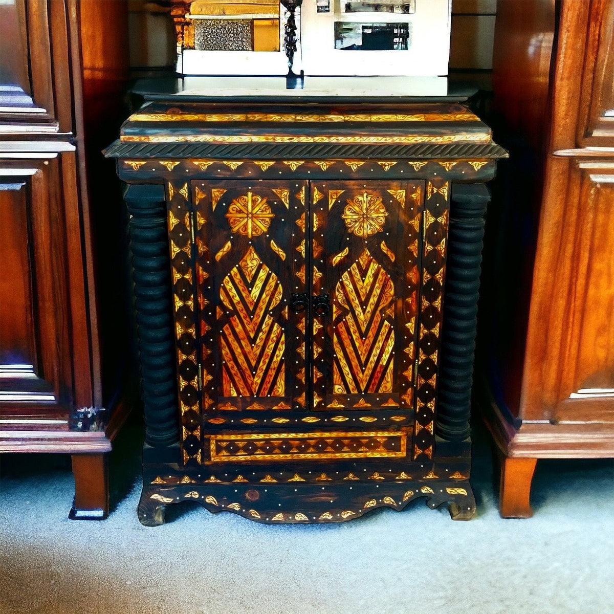 Handmade Moroccan Inlaid Camel Bone Chest, Berber Wedding Dowry Cabinet