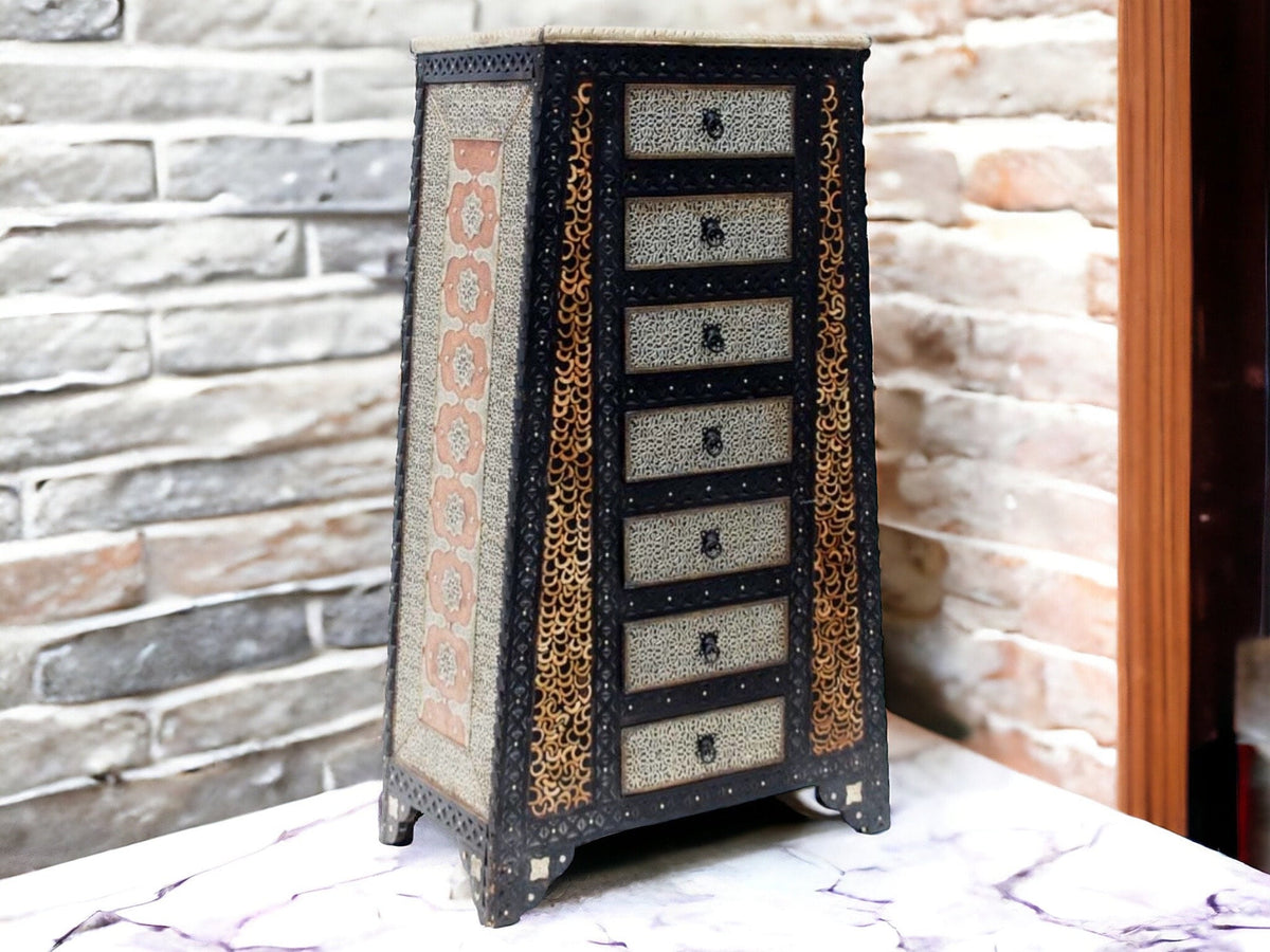 Inlaid Camel Bone Cabinet: Moroccan Moorish Dresser, Tall Orange Accent