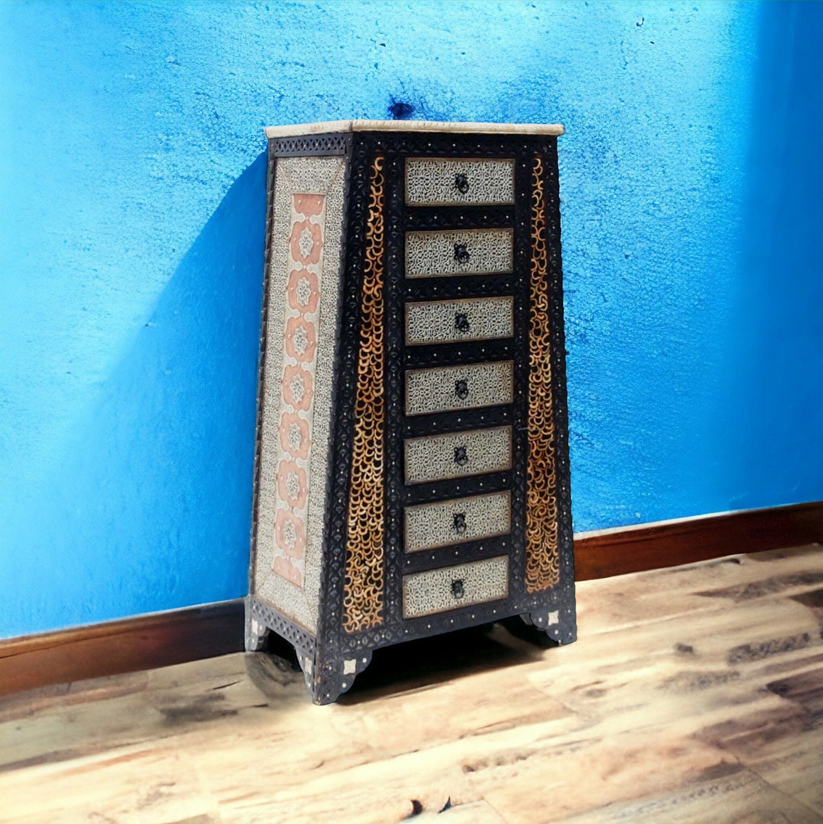 Inlaid Camel Bone Cabinet: Moroccan Moorish Dresser, Tall Orange Accent