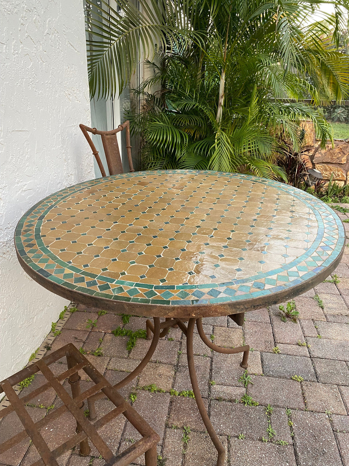 Handmade Moroccan Mosaic Tile Table, Rustic Wrought Iron Base, 39"