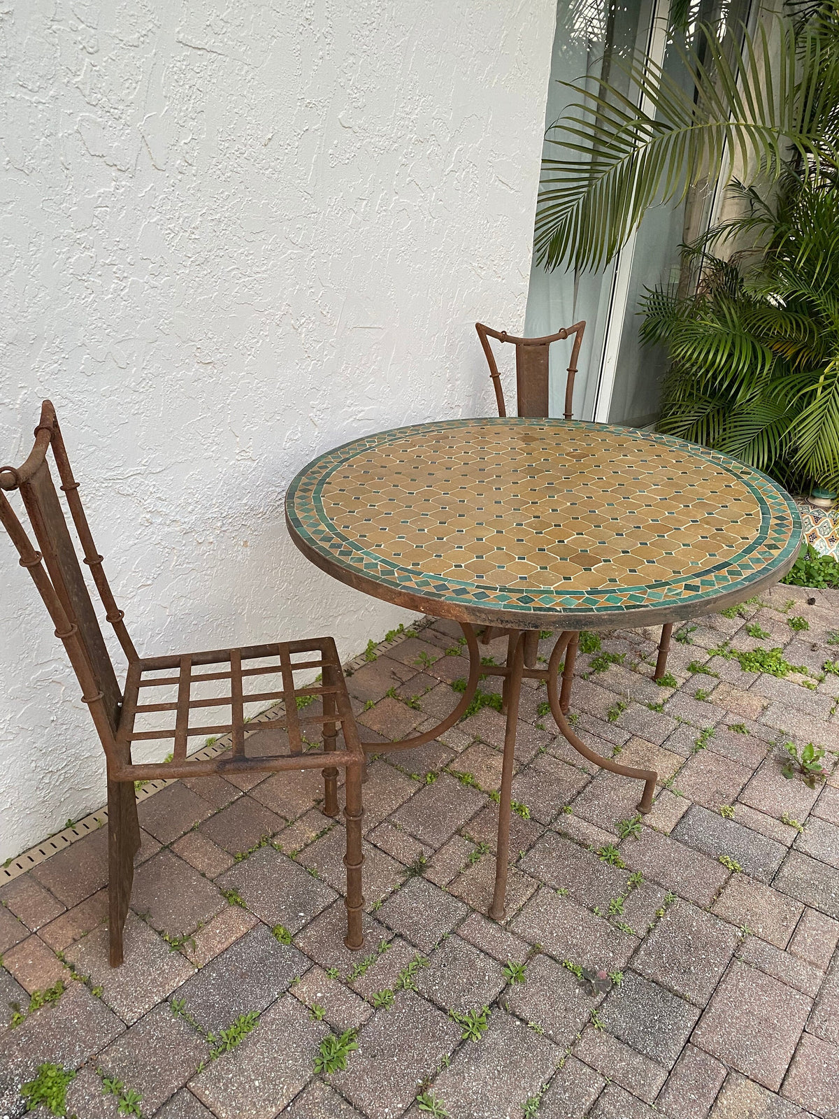 Handmade Moroccan Mosaic Tile Table, Rustic Wrought Iron Base, 39"