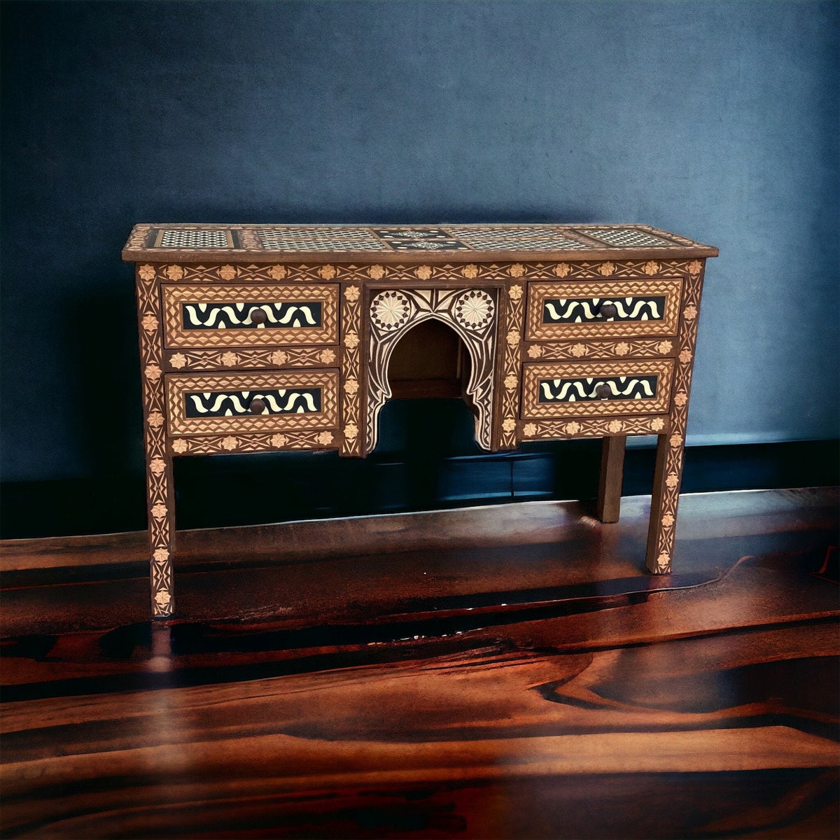Handmade Carved Wood Desk, Moroccan Moorish Dresser with Bone Resin
