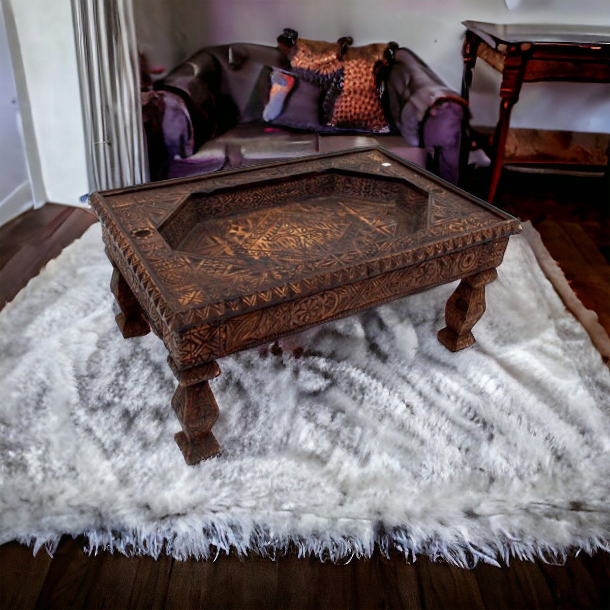 Hand Carved Cedar Moroccan Table, Berber Ethnic Style
