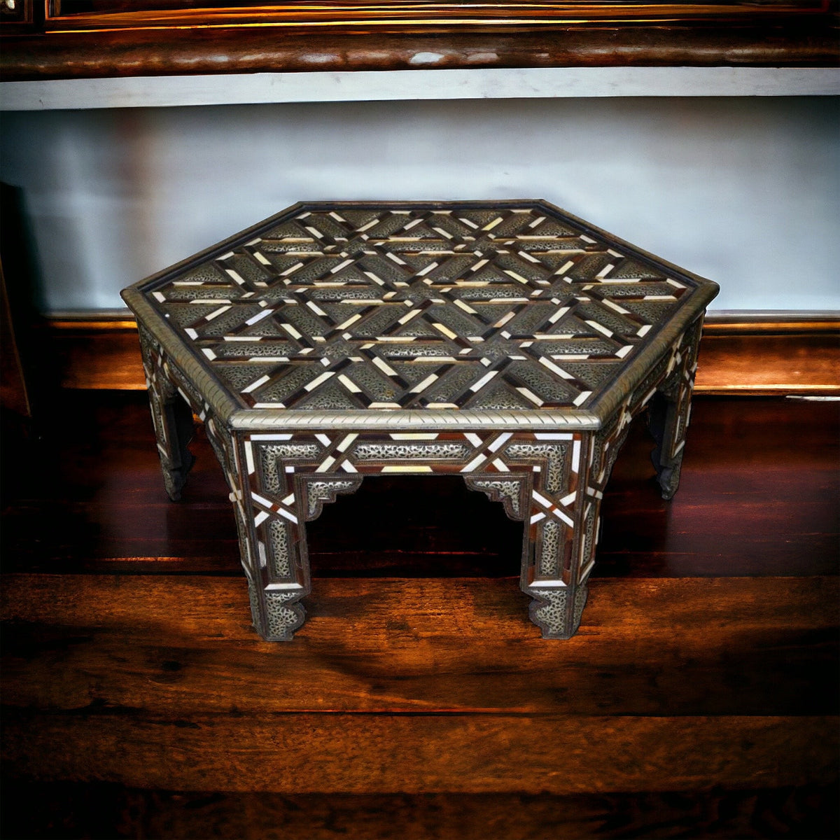 Vintage Moroccan Inlay Table: Bone & Silver, Geometric Artwork