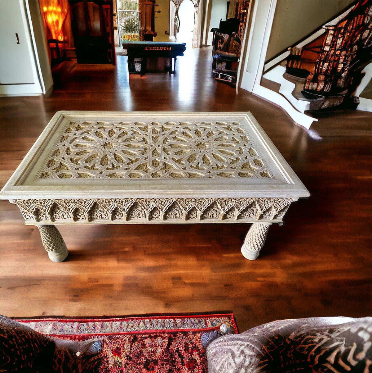 Handmade Moroccan Carved Wooden Coffee Table, Andalusian Art