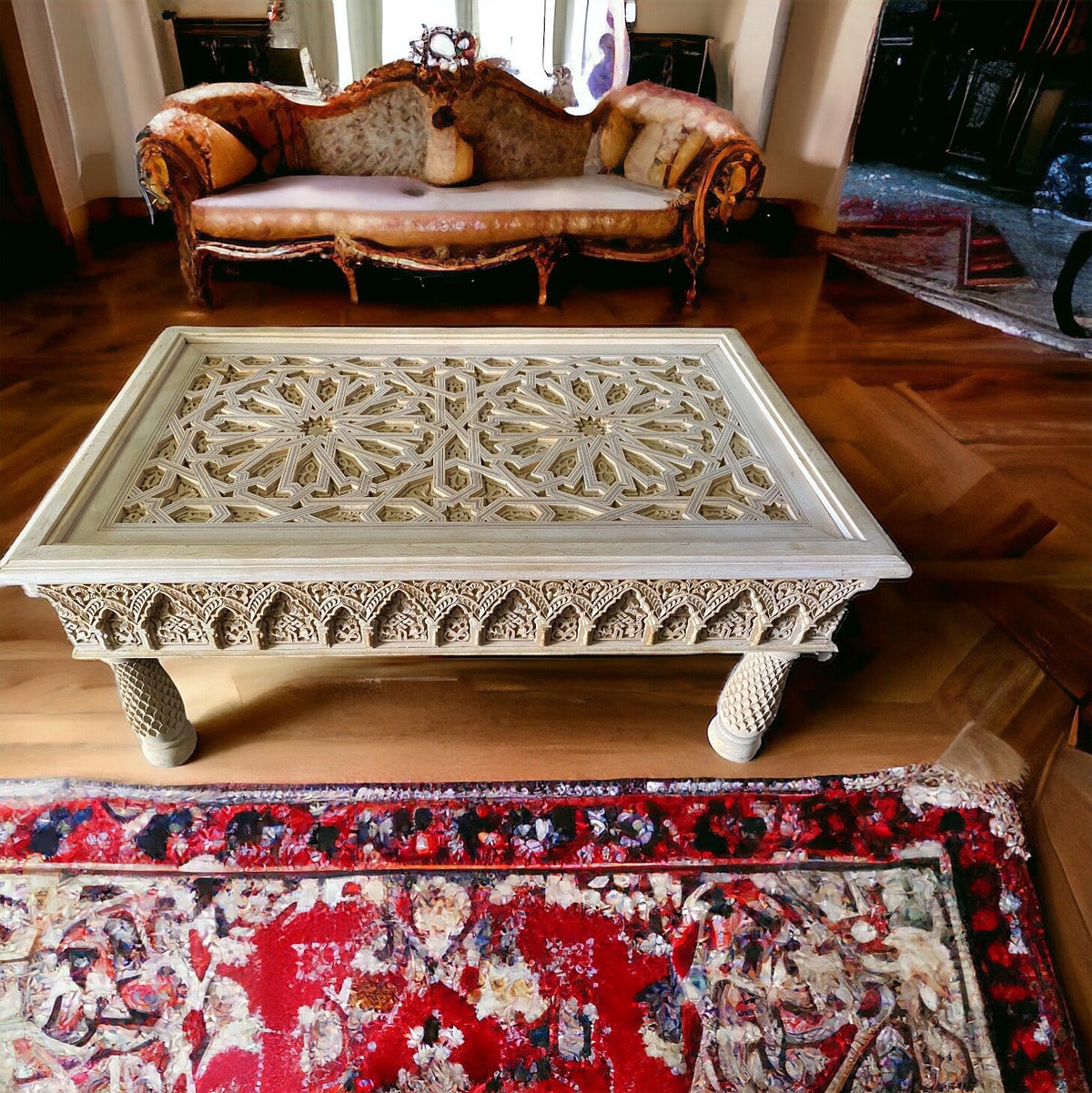 Handmade Moroccan Carved Wooden Coffee Table, Andalusian Art