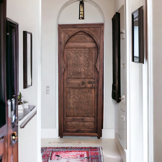 Hand Carved Moroccan Door: Geometric Moorish Woodwork, 79" x 29.5"