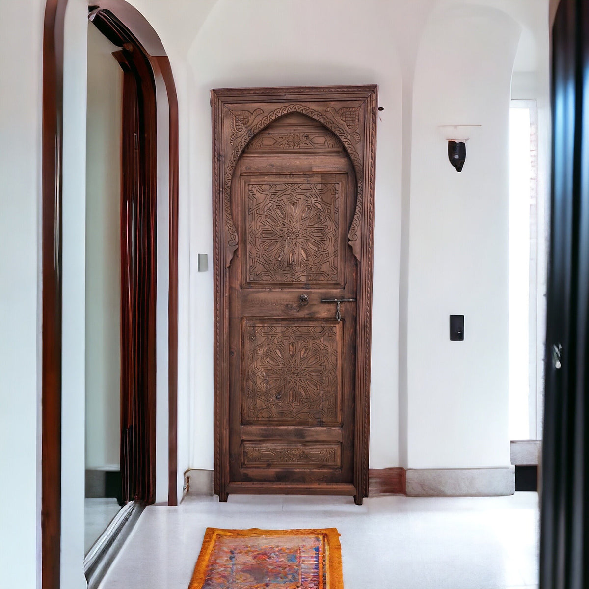 Hand Carved Moroccan Door: Geometric Moorish Woodwork, 79" x 29.5"