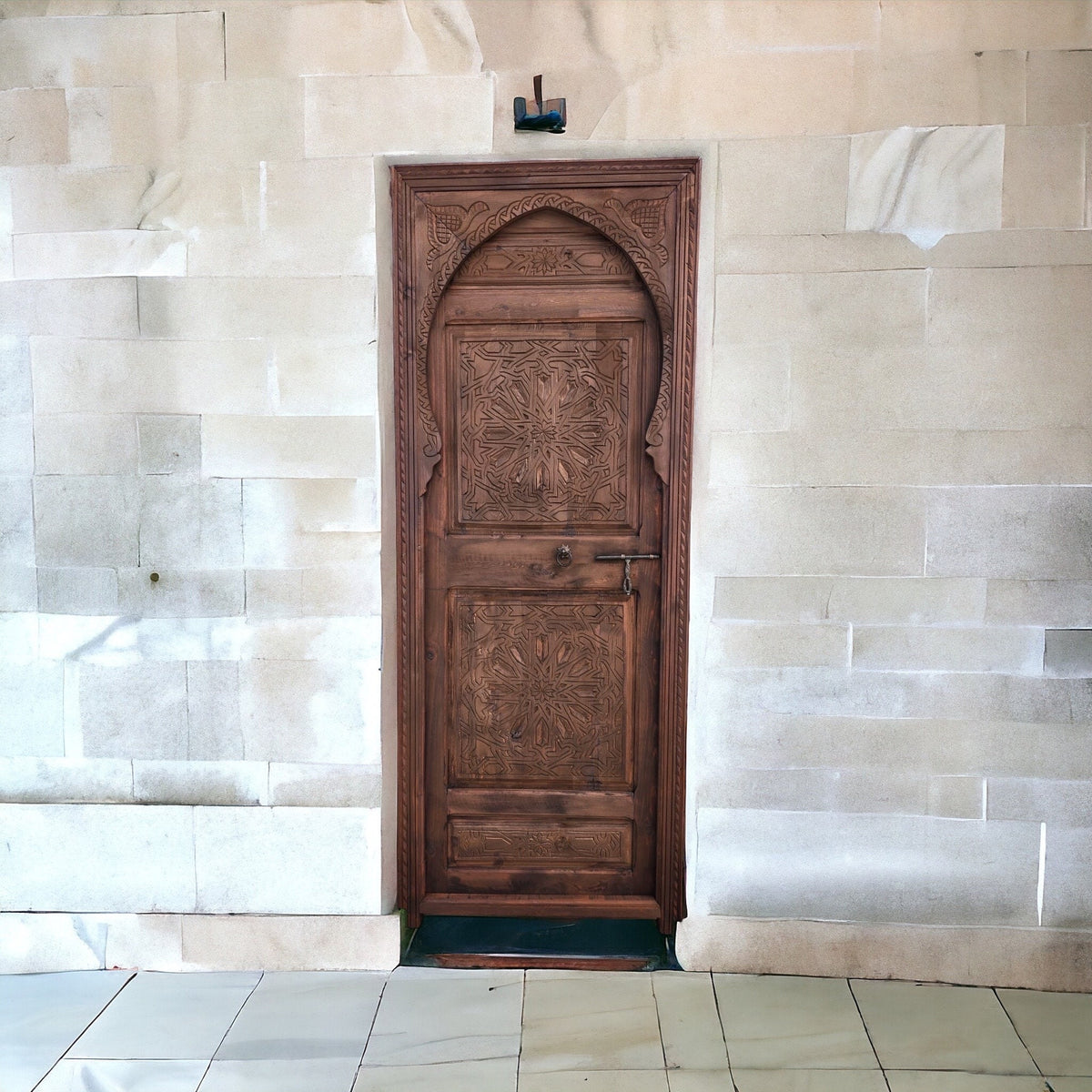 Hand Carved Moroccan Door: Geometric Moorish Woodwork, 79" x 29.5"