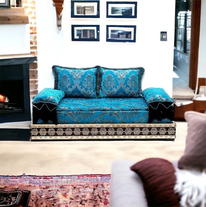 Blue Moroccan Daybed Sofa, Handmade Silver Metal Bench