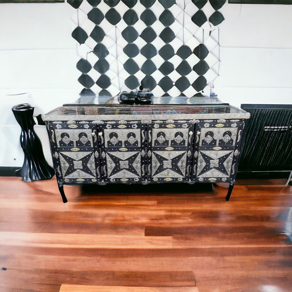 Handmade Moroccan Silver Metal Cabinet, Solid Wood Buffet Furniture
