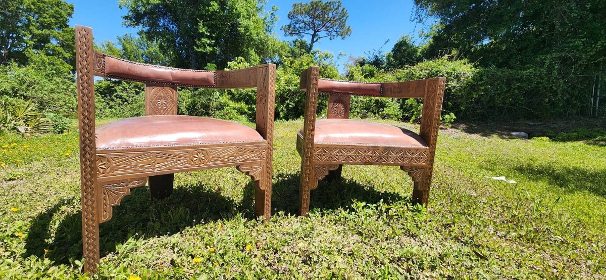 Handmade Moroccan Carved Wood & Leather Chair