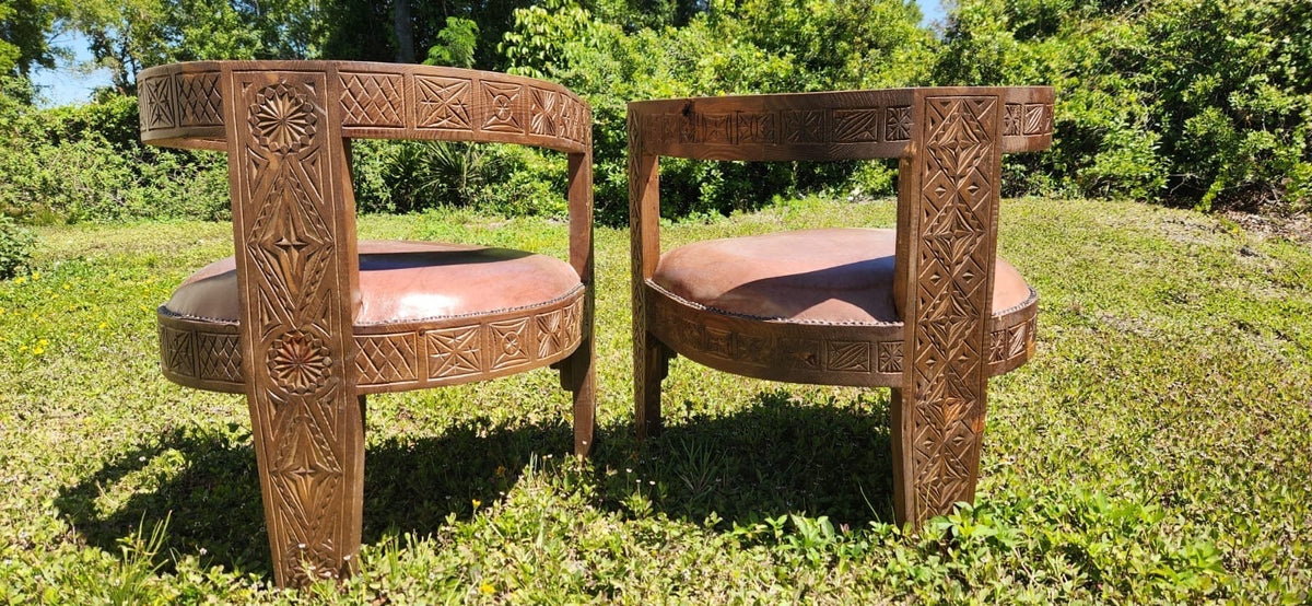 Handmade Moroccan Carved Wood & Leather Chair