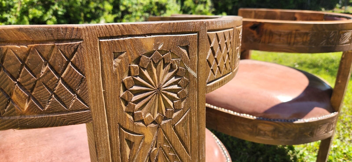 Handmade Moroccan Carved Wood & Leather Chair