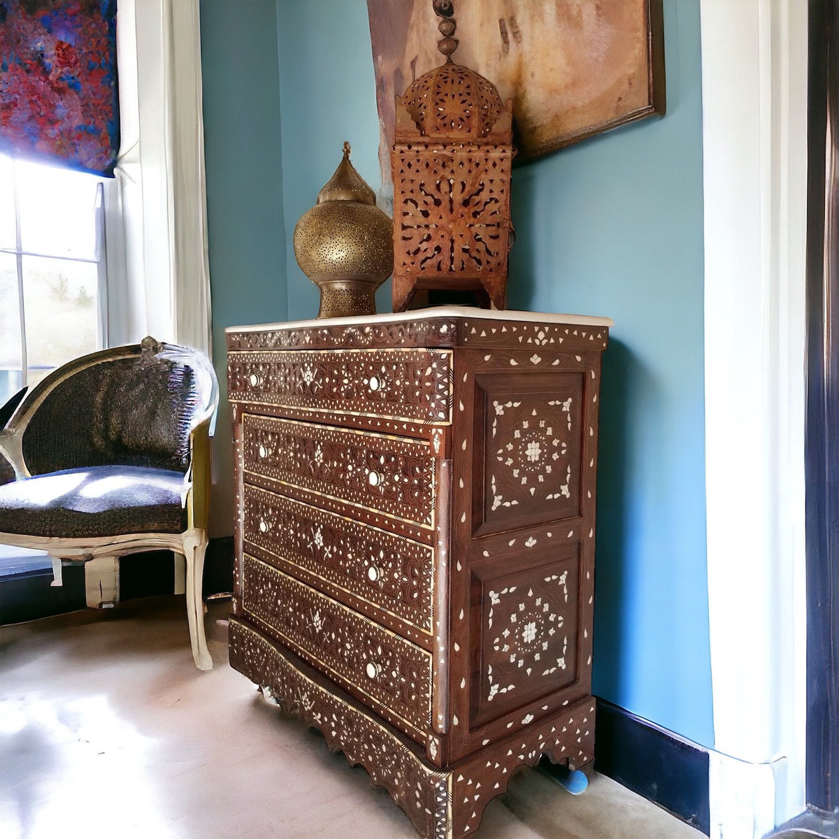 Vintage Syrian Chest of Drawers, Mother of Pearl Inlay, Marble Top