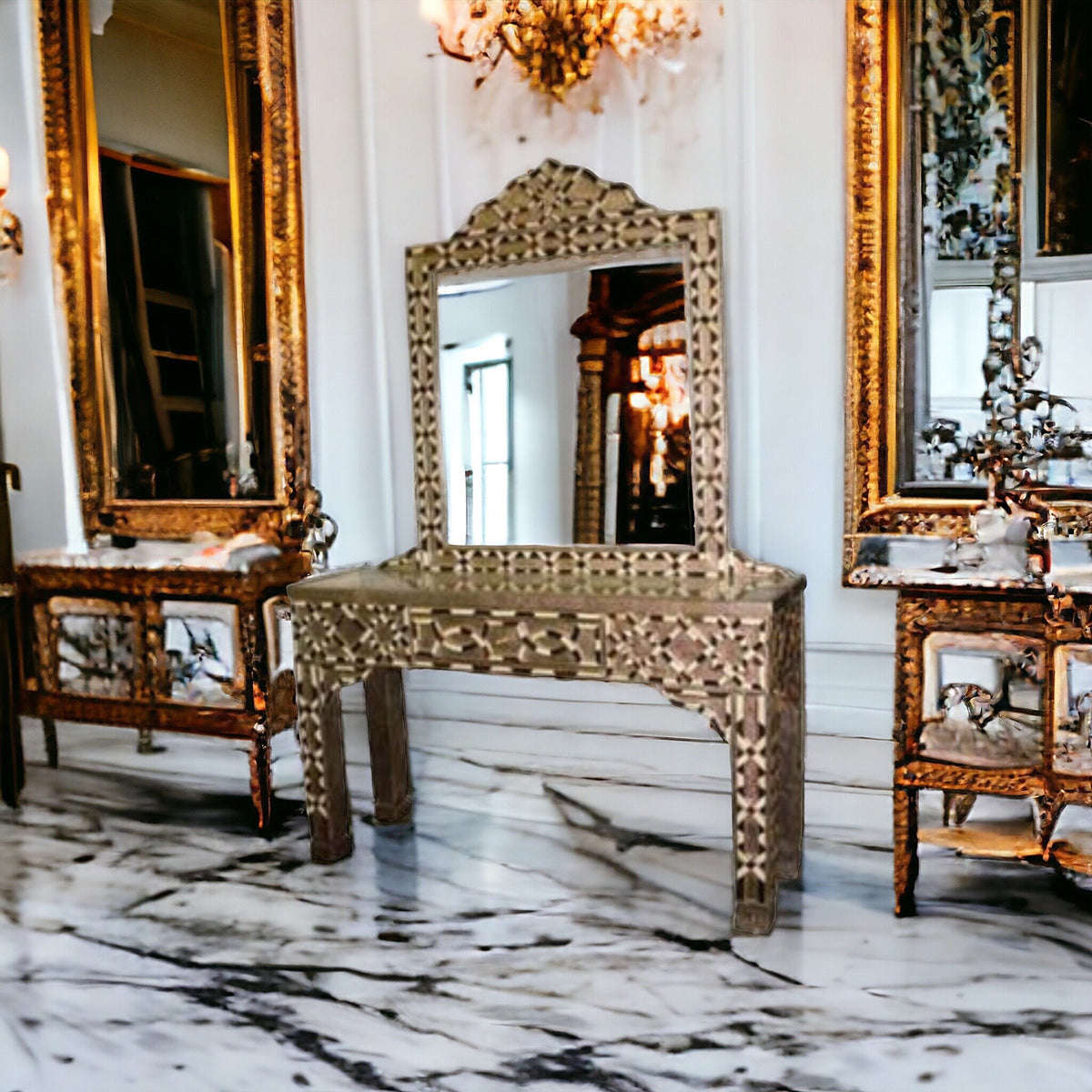 Vintage Moroccan Bone Inlay Console Table with Mirror
