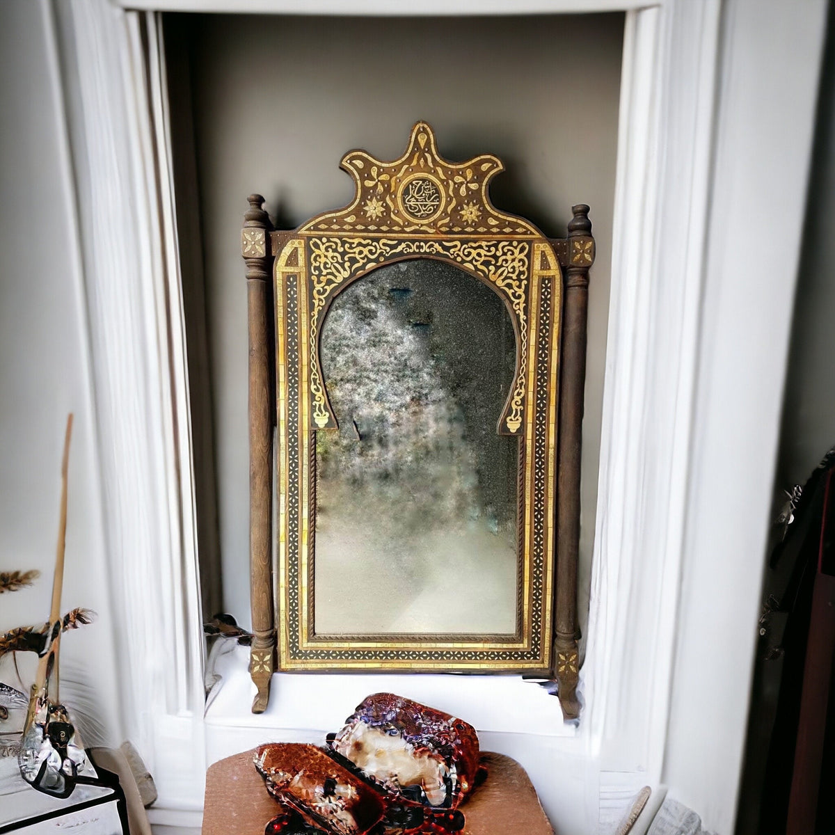 Handmade Moroccan Inlay Camel Bone Mirror, Arabic Calligraphy