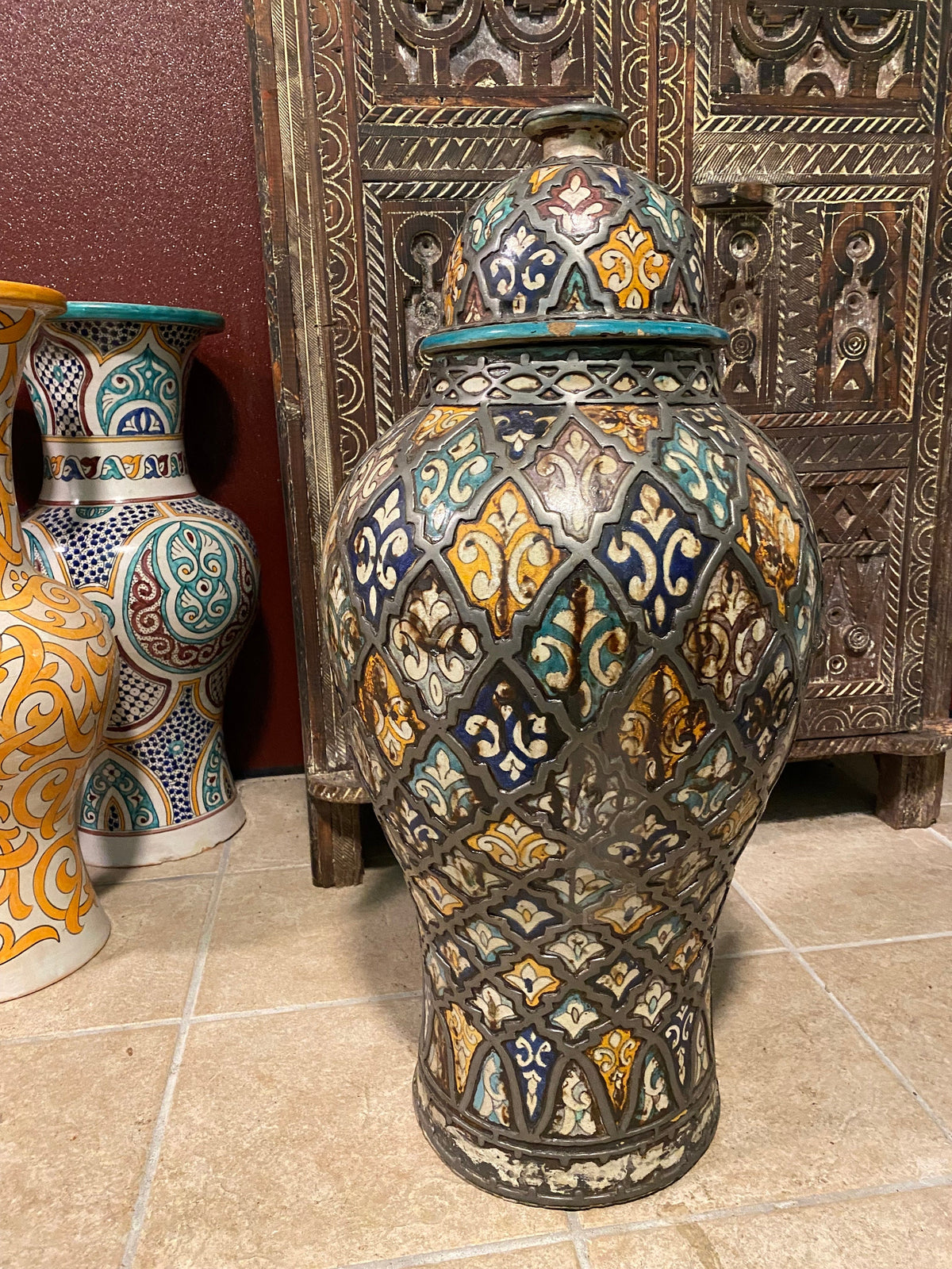 Vintage Moroccan Vase with Lid, Handmade Pottery, Metal Accents