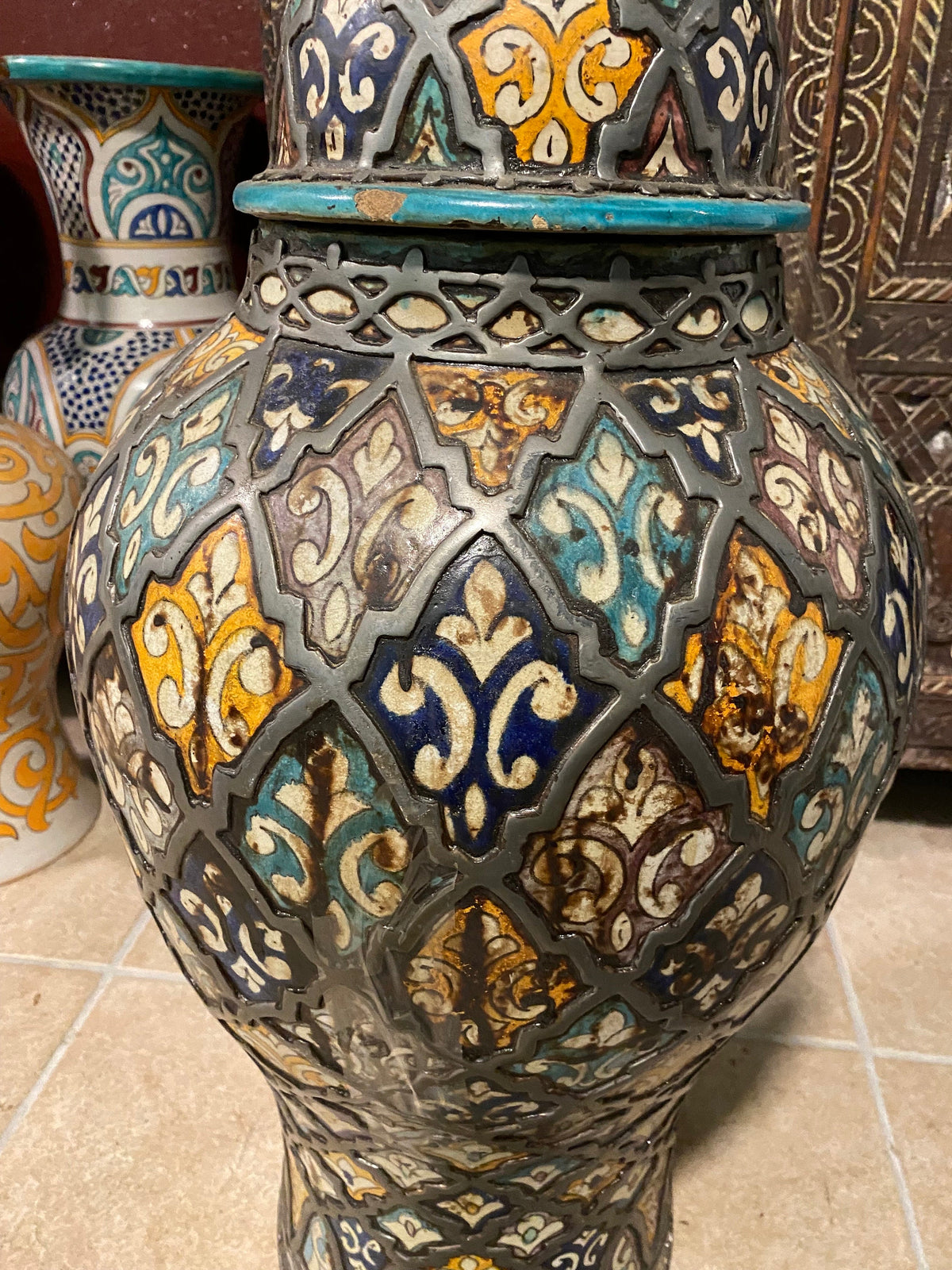 Vintage Moroccan Vase with Lid, Handmade Pottery, Metal Accents