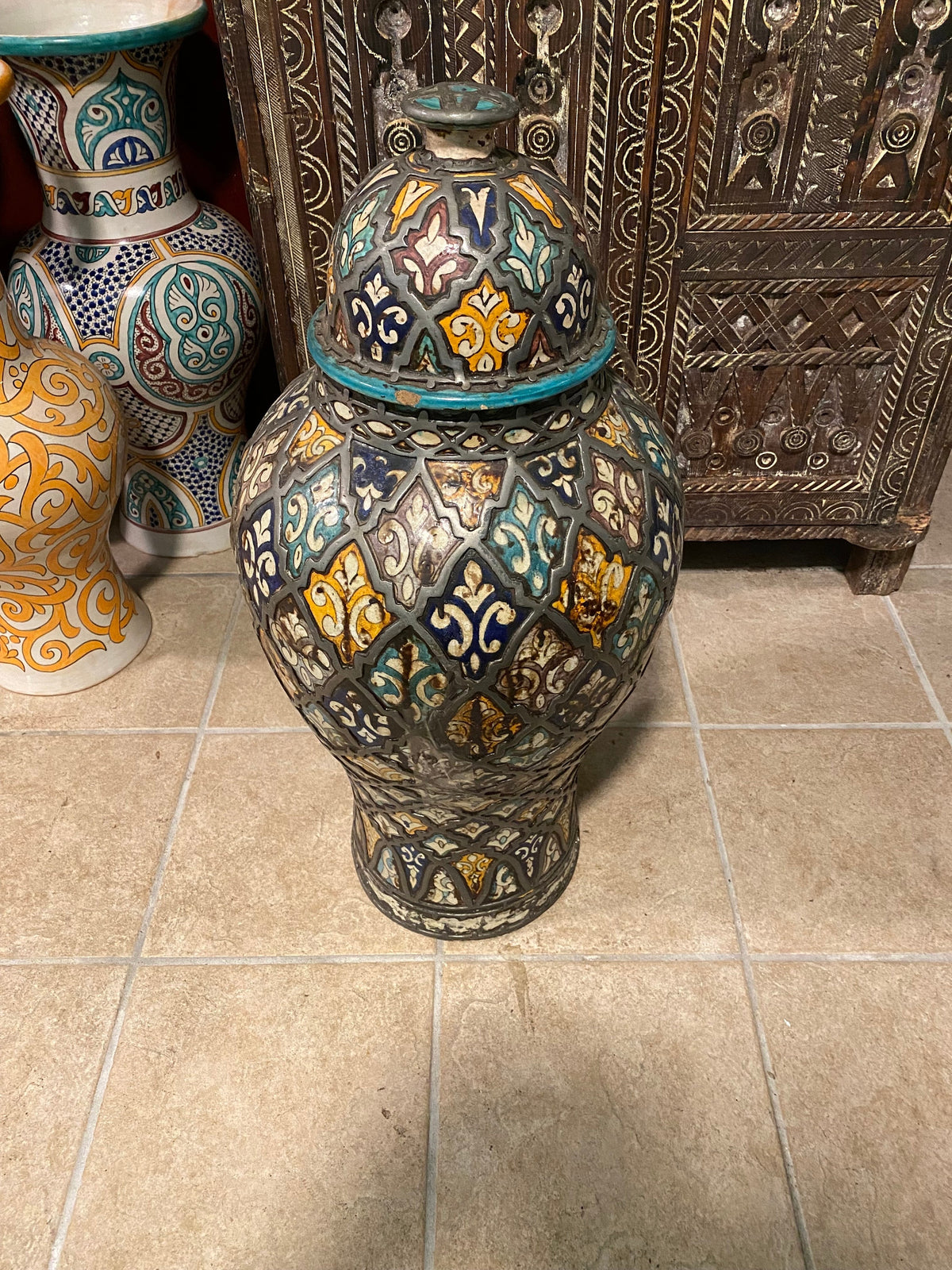 Vintage Moroccan Vase with Lid, Handmade Pottery, Metal Accents