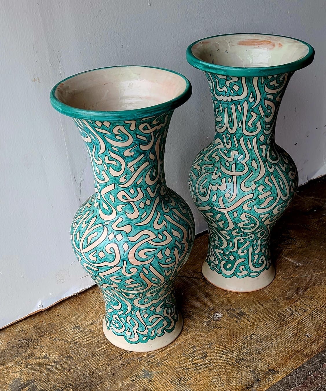 Vintage Moroccan Pottery Vases, Handmade Arabic Art, Set of 2