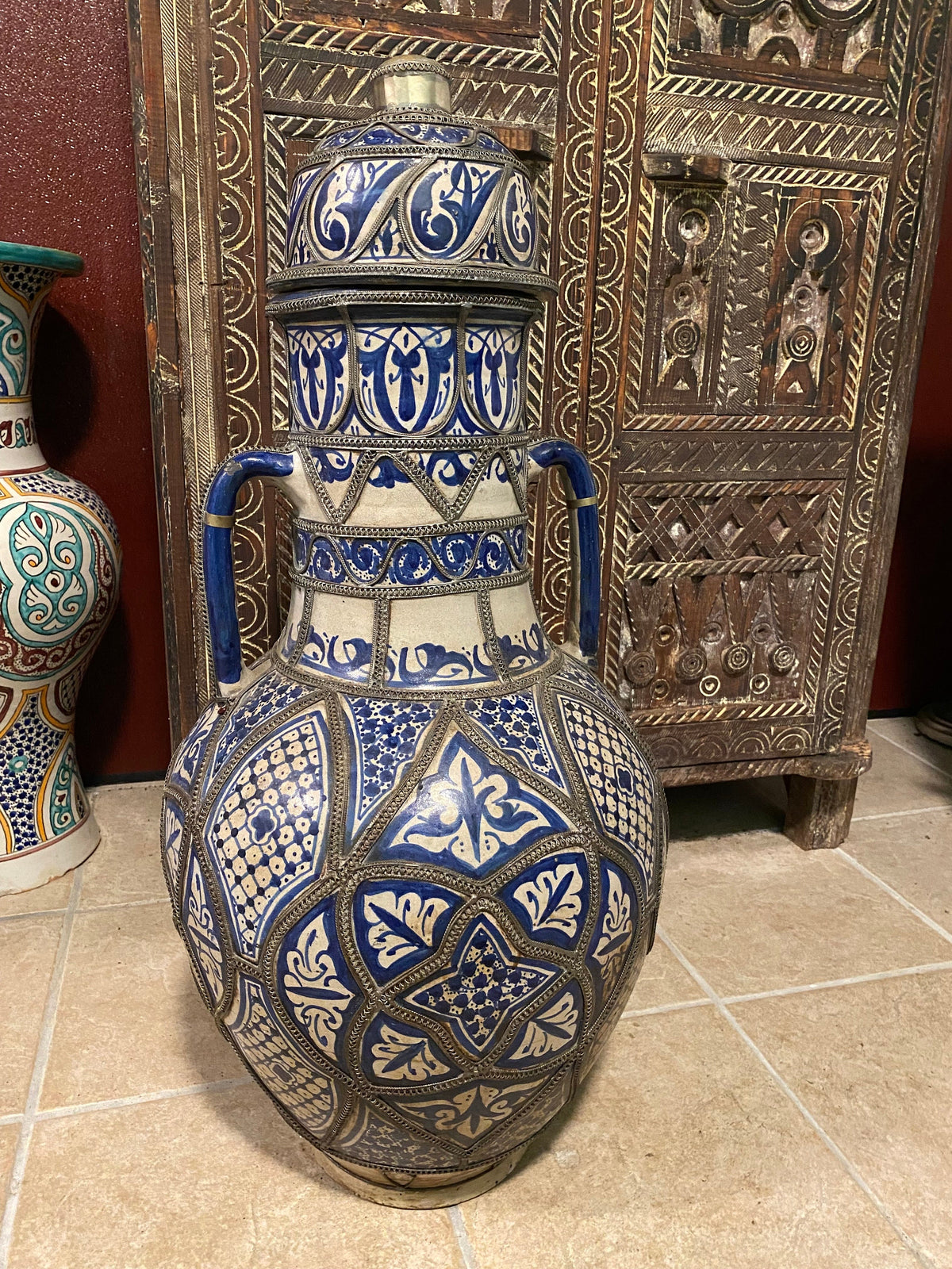 Handmade Blue Moroccan Vase, Metal Accents, Hand-Carved Pottery
