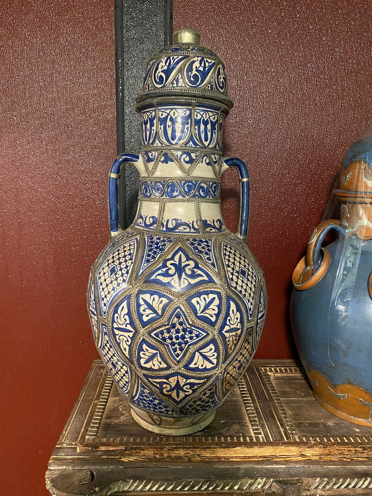 Handmade Blue Moroccan Vase, Metal Accents, Hand-Carved Pottery