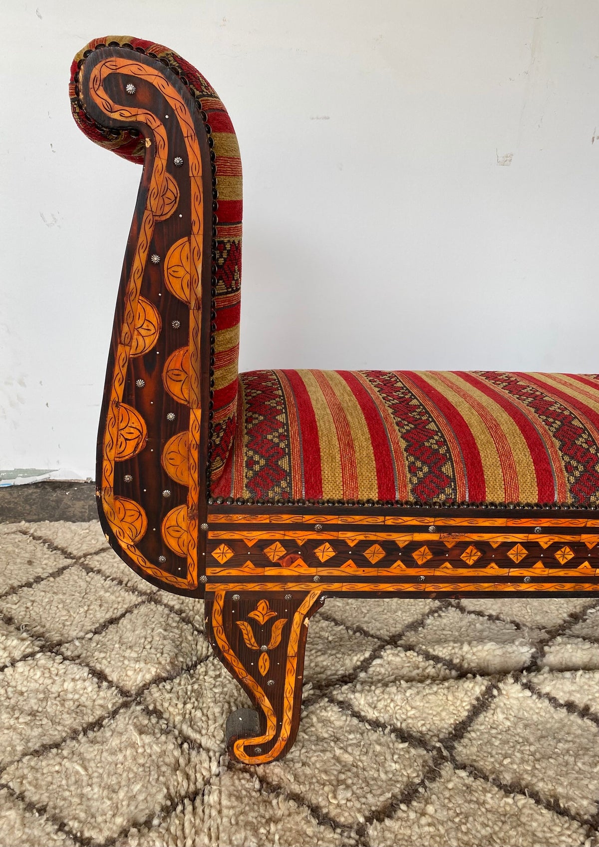 Vintage Moroccan Inlay Bench: Orange Bone & Upholstered Fabric Sofa