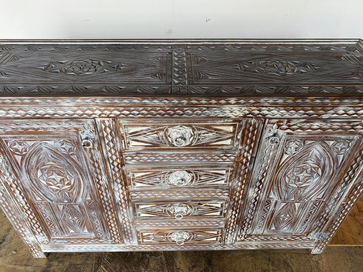 Handmade Berber Carved Wooden Credenza, Moroccan Buffet Cabinet