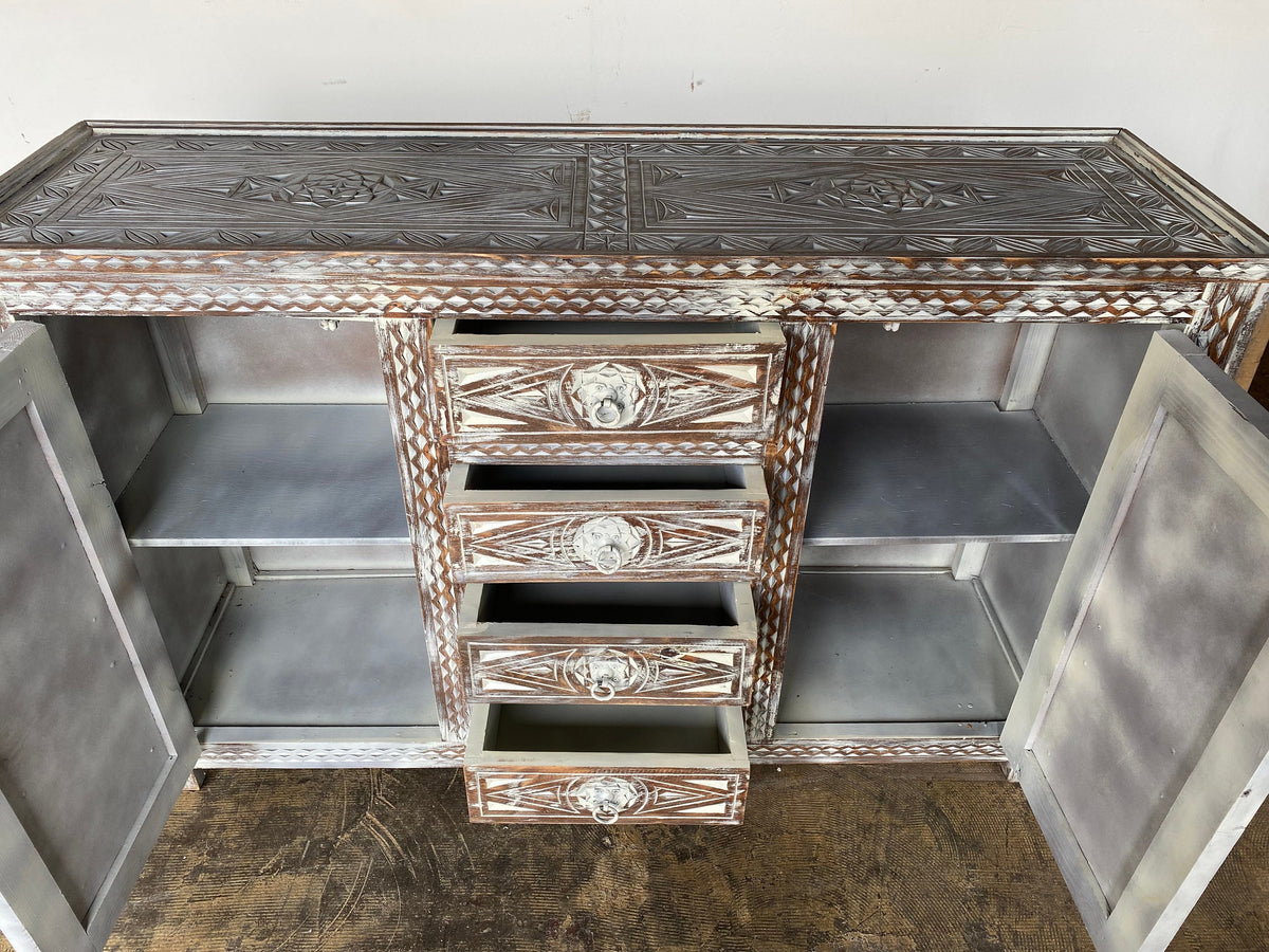 Handmade Berber Carved Wooden Credenza, Moroccan Buffet Cabinet