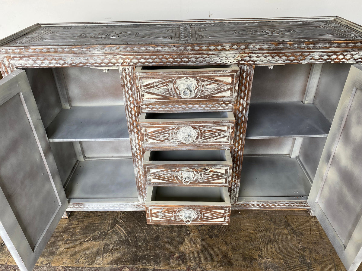 Handmade Berber Carved Wooden Credenza, Moroccan Buffet Cabinet