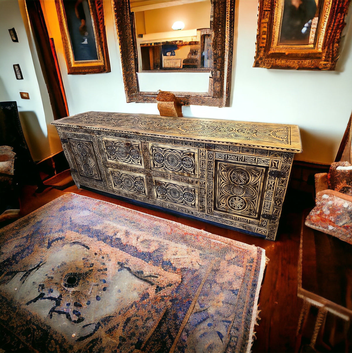 Handmade African Carved Wood Cabinet, Moorish Dresser, 205cm