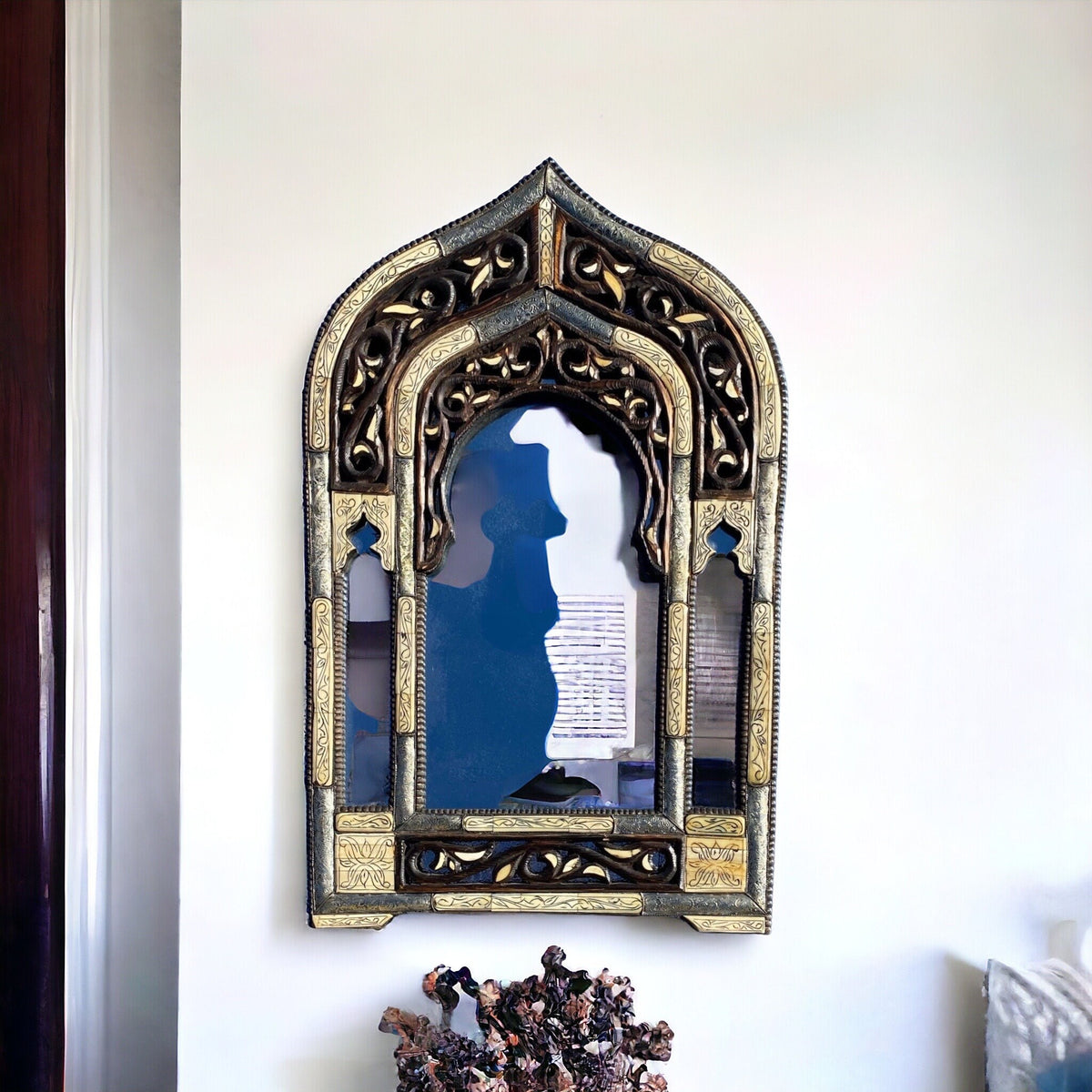Handmade Moorish Arch Mirror, Camel Bone Inlay, Moroccan Decor