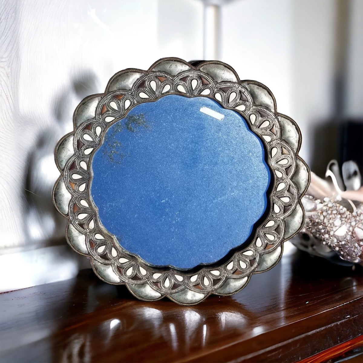 Moroccan Bone Inlay Mirror, 29" Round, Middle Eastern Decor