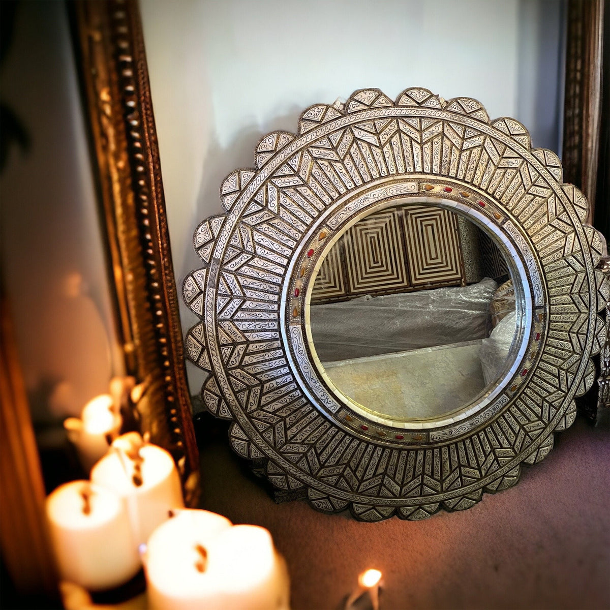 Handmade Moroccan Mirror: White Camel Bone Inlay, Middle Eastern Decor