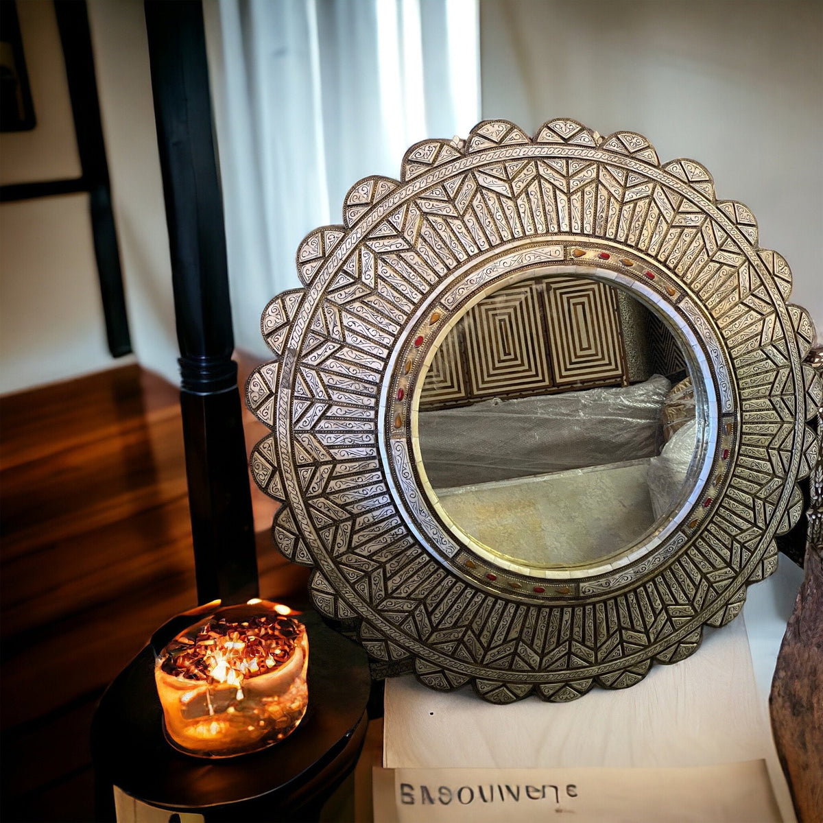 Handmade Moroccan Mirror: White Camel Bone Inlay, Middle Eastern Decor