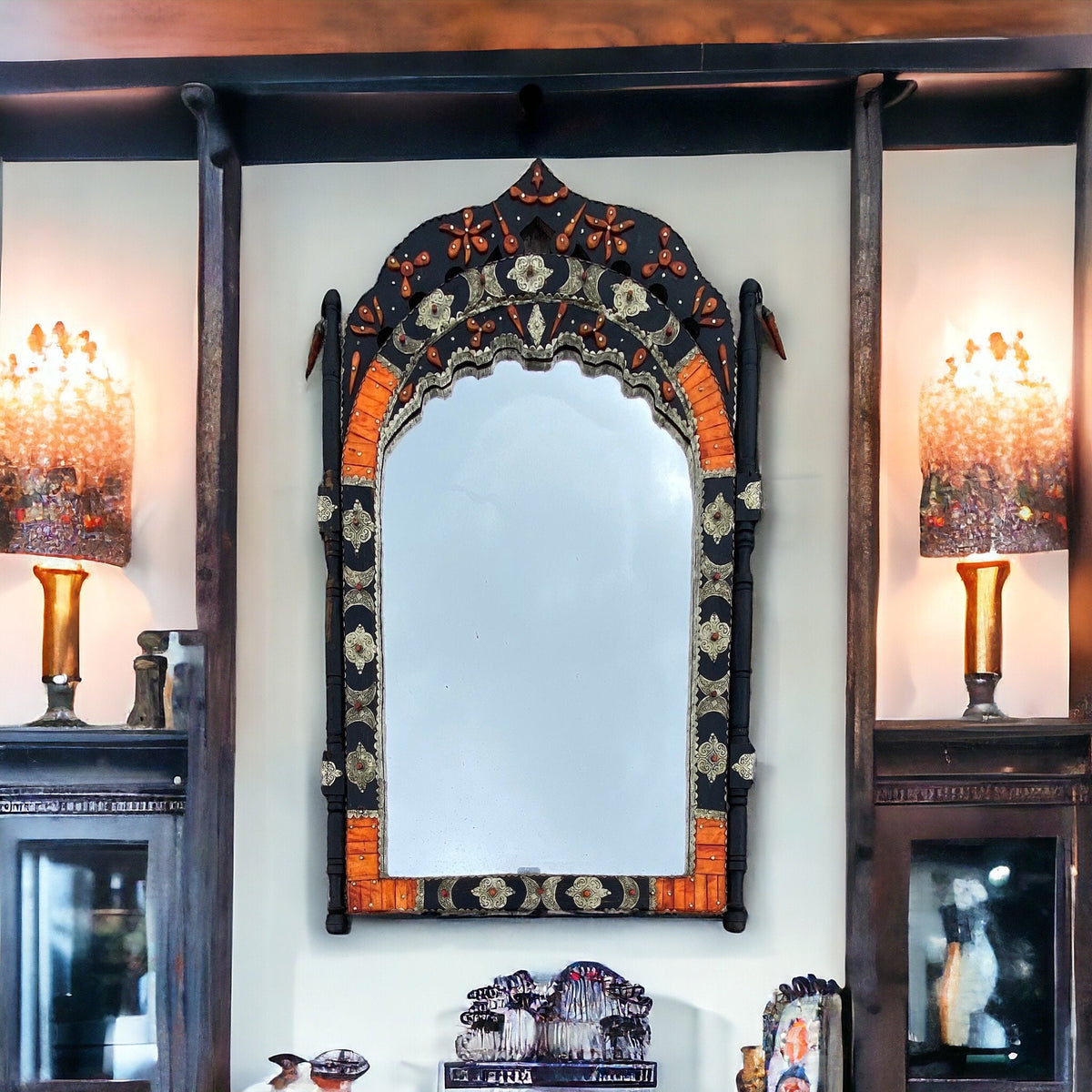 Handmade Moroccan Inlay Bone Mirror: Moorish Arch Design, 42" x 26"