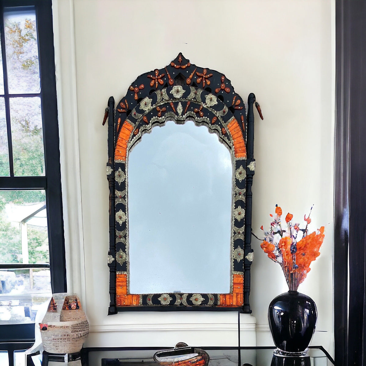 Handmade Moroccan Inlay Bone Mirror: Moorish Arch Design, 42" x 26"