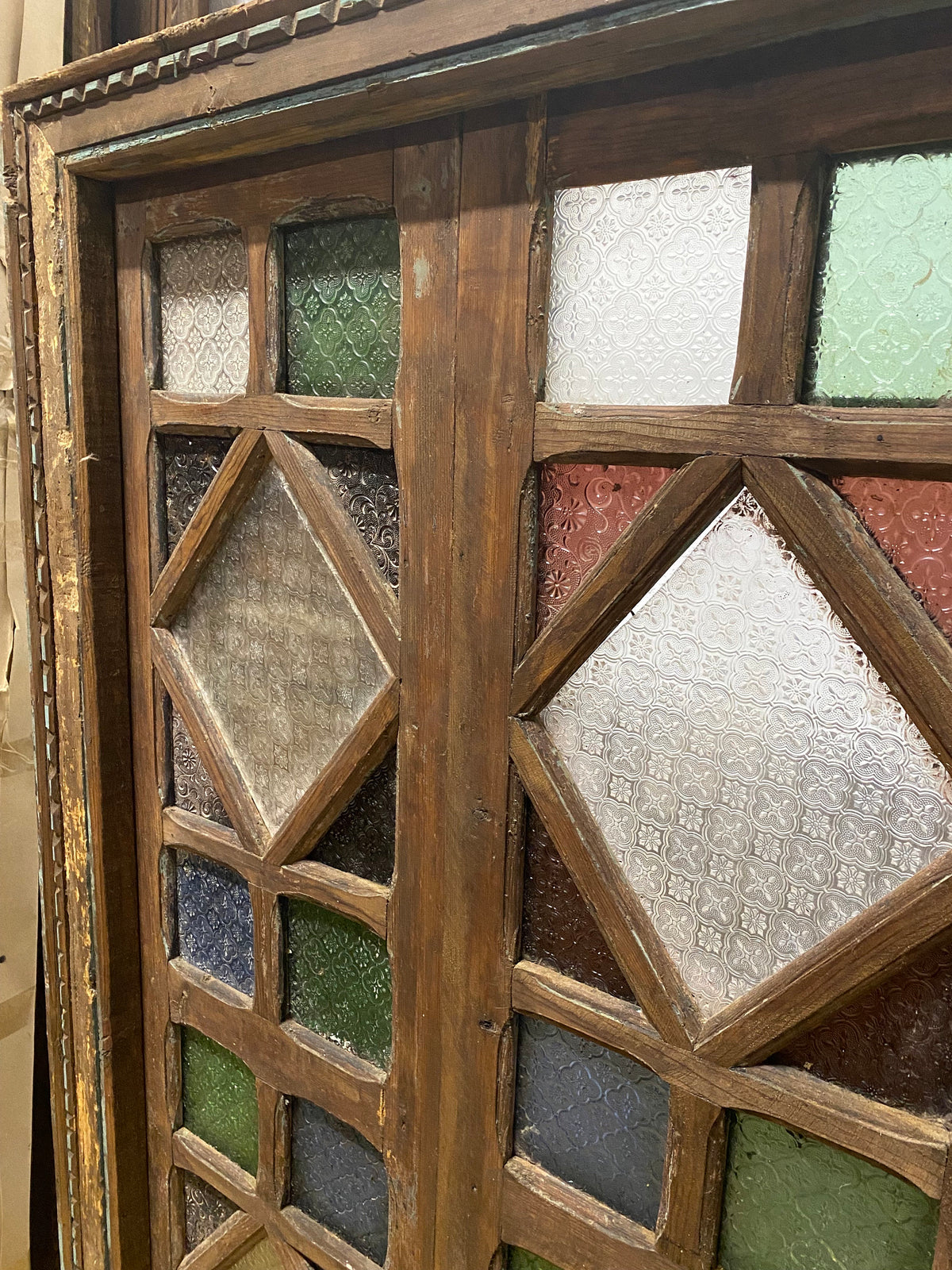 Antique Moroccan Stained Glass Window with Door Panels, Moorish Wood Artwork