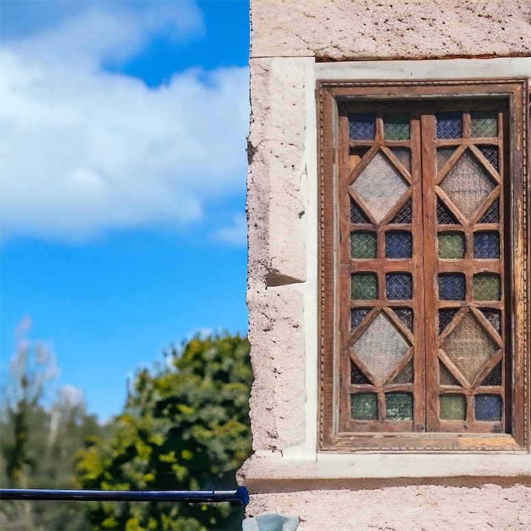 Antique Moroccan Stained Glass Window with Door Panels, Moorish Wood Artwork