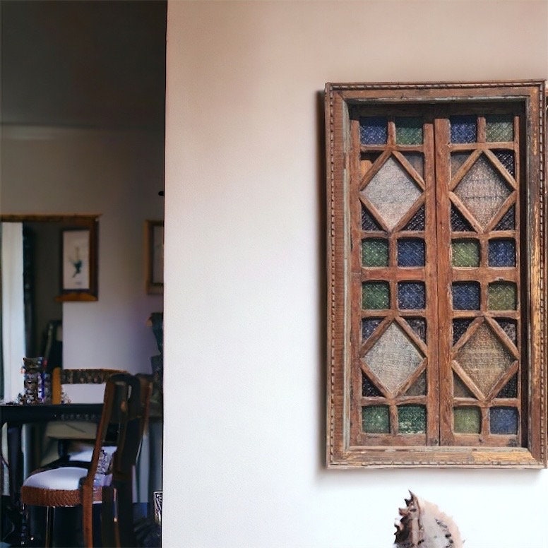 Antique Moroccan Stained Glass Window with Door Panels, Moorish Wood Artwork
