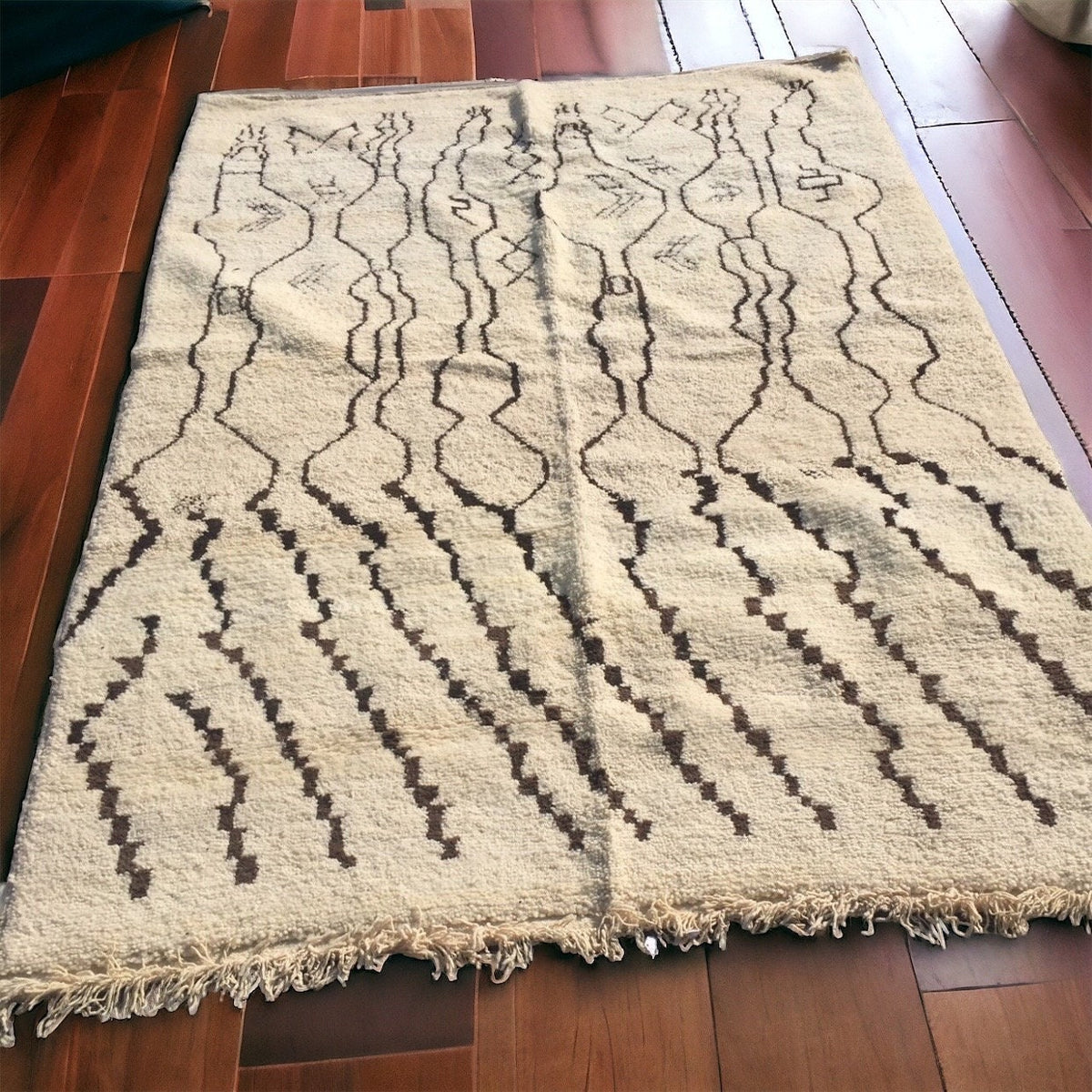 Handwoven vintage Beni Ourain Moroccan rug, 9ft 9in by 6ft 6in, featuring abstract artwork and traditional Moroccan craftsmanship.